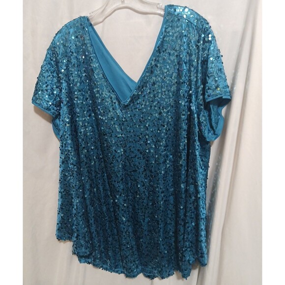 Roaman's Womens Sequin Blouse Plus Size 26W Blue Short Sleeve Festive Holiday - Picture 1 of 8